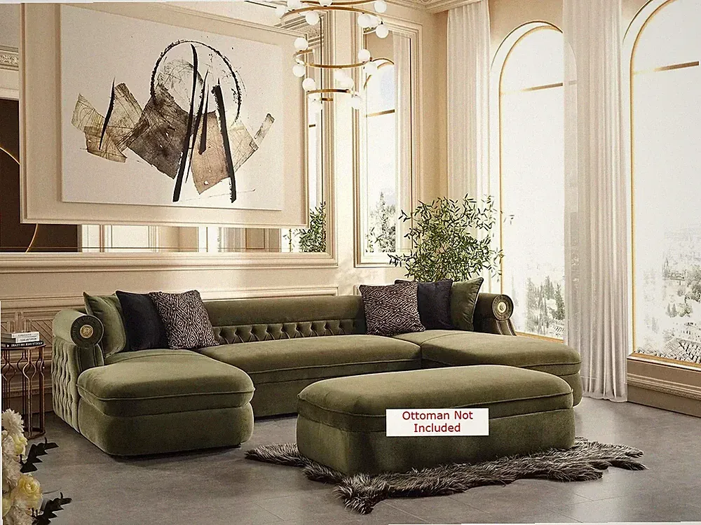NEW Contemporary Glam 134" U-Shape Modern Sectional Green Fabric Lion Head