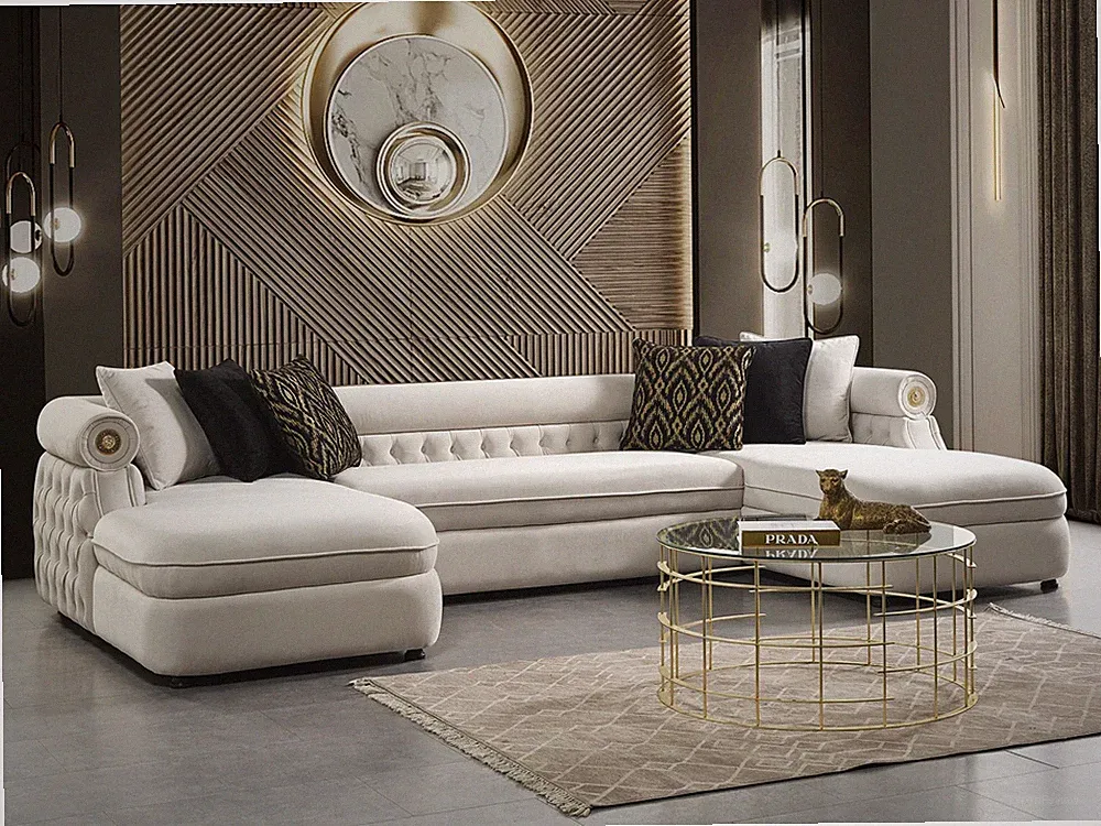 NEW Contemporary Glam 134" U-Shape Modern Sectional White Cream Fabric Lion Head