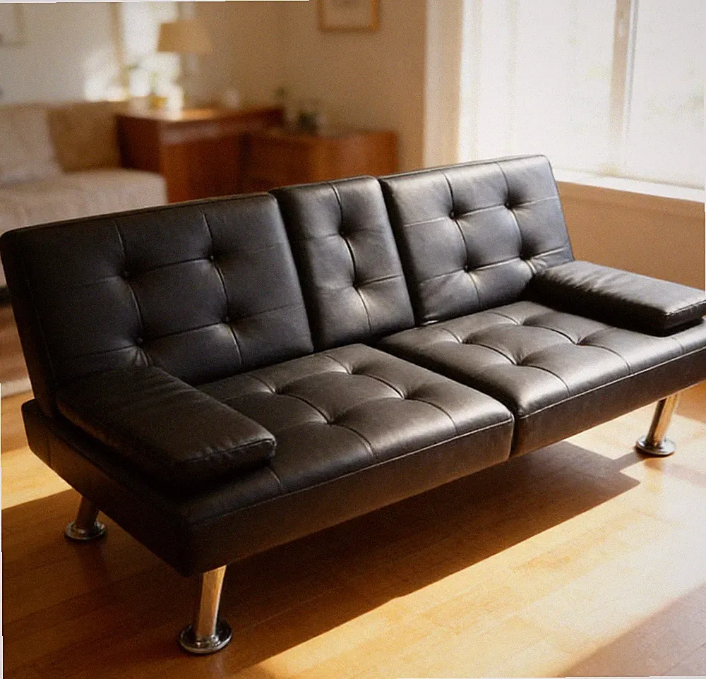 NEW Convertible Faux Leather Futon Sofa Bed, Folding Couch with 2 Cup Holders