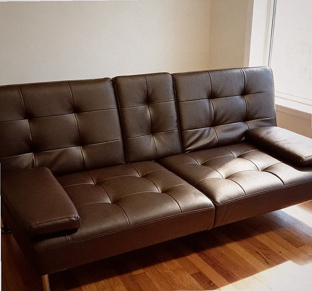 NEW Convertible Futon Sofa Bed PU Leather Sleeper Couch w/Cup Holders Brown