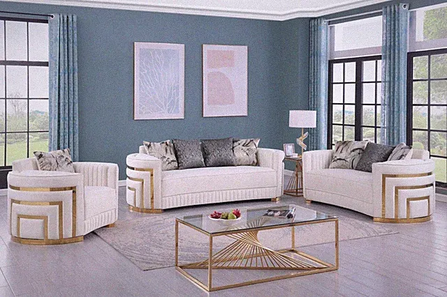 NEW Cream 3PC Sofa Loveseat Two-Tone Velvet Tufted Gold Contemporary Living Room