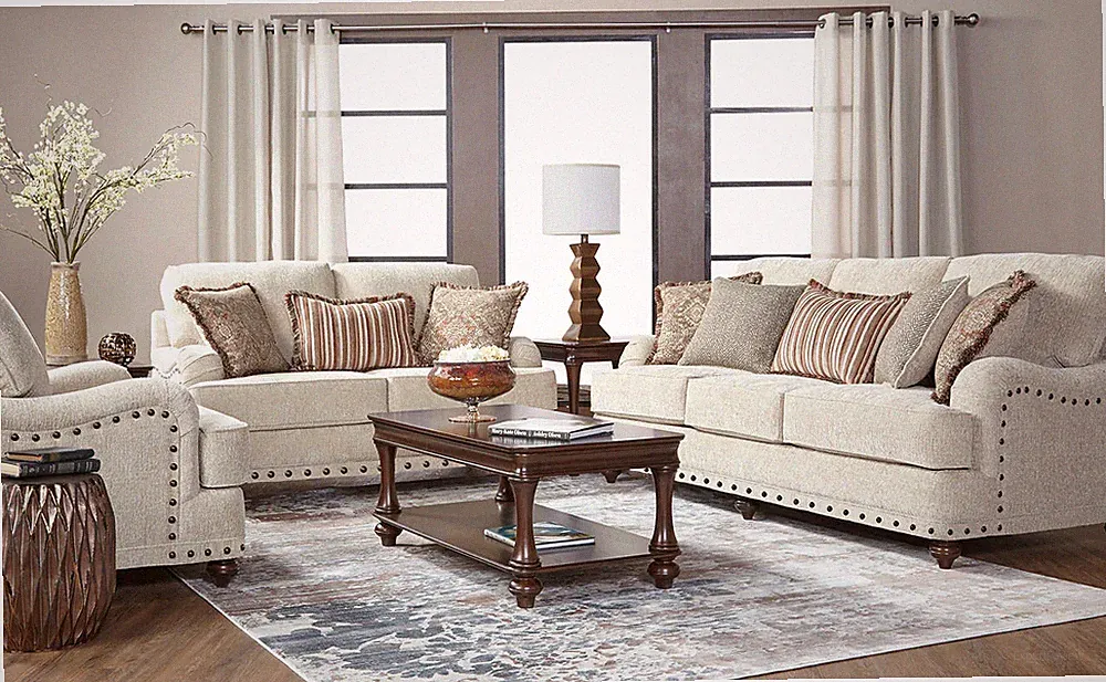 NEW Cream Sofa Loveseat Upholstered Fabric Farmhouse Living Room Set & 8 Pillows