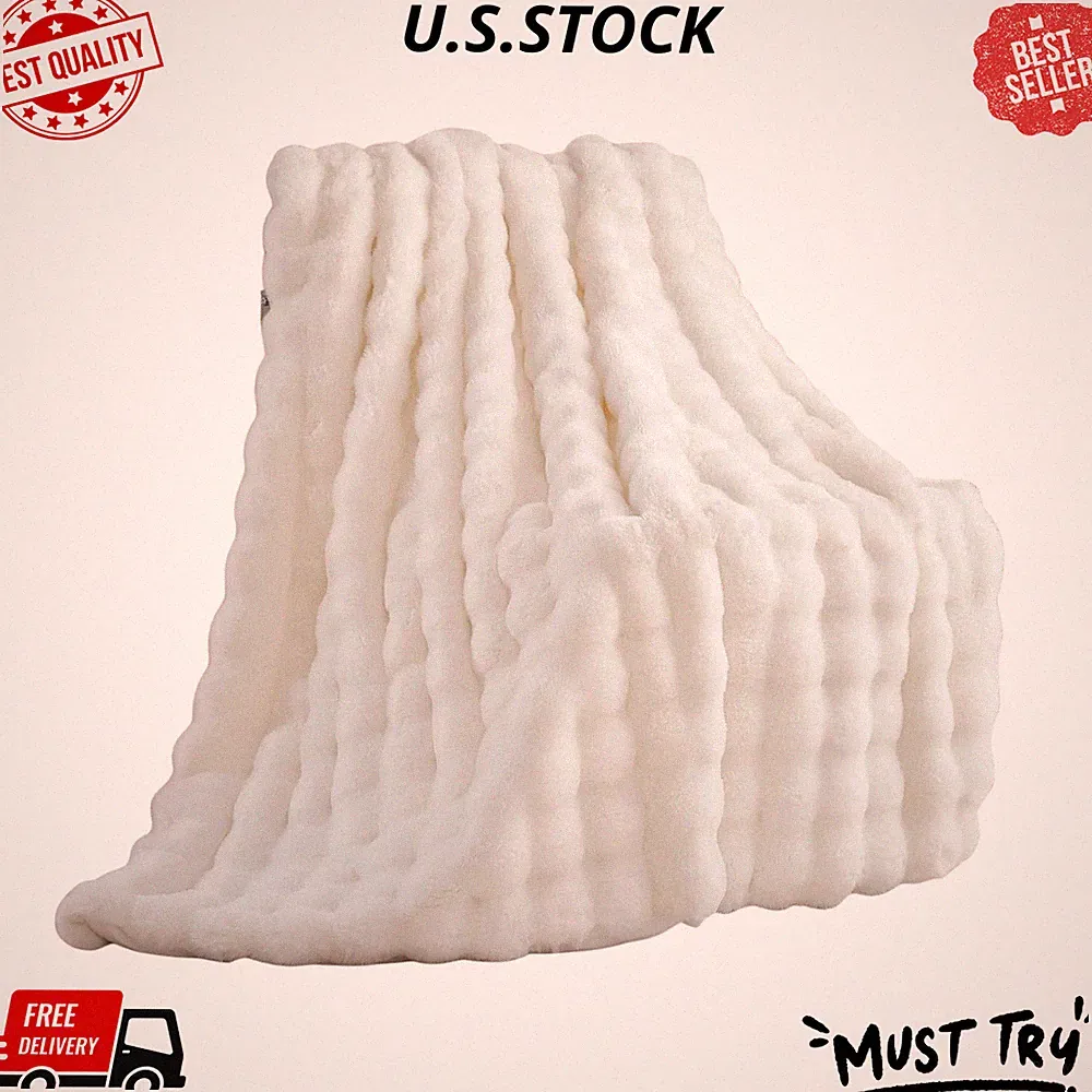 NEW Faux Rabbit Fur Throw Blanket 50"x60" Cream White Fluffy Plush Sofa Bed Cove
