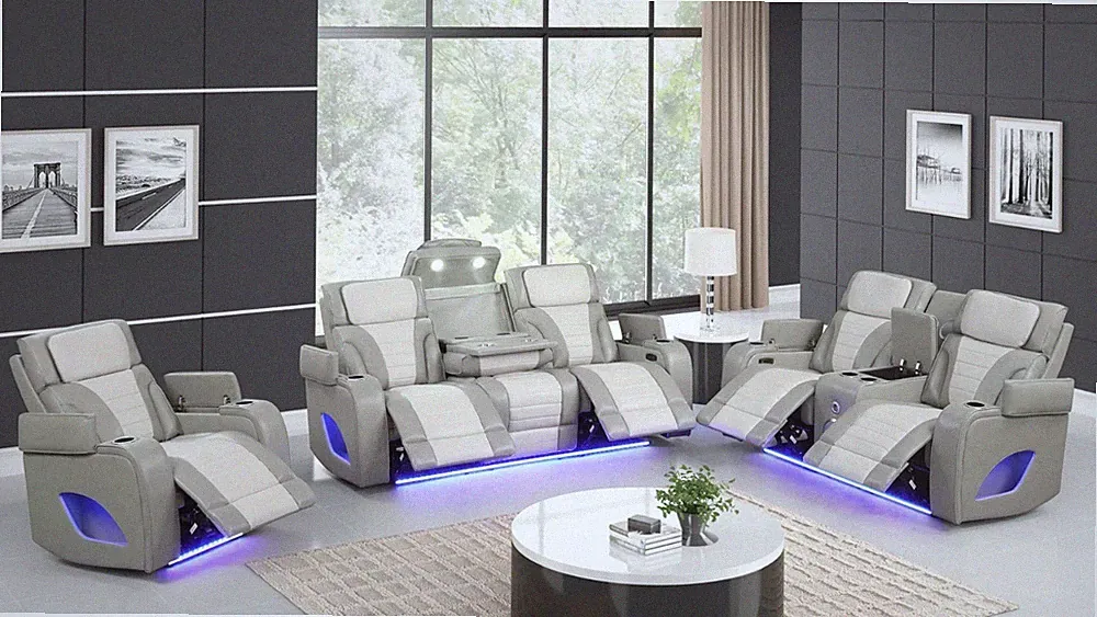 NEW Gray LED Power Recliner 3PC Sofa Loveseat Chair Set Bluetooth Speaker & USB