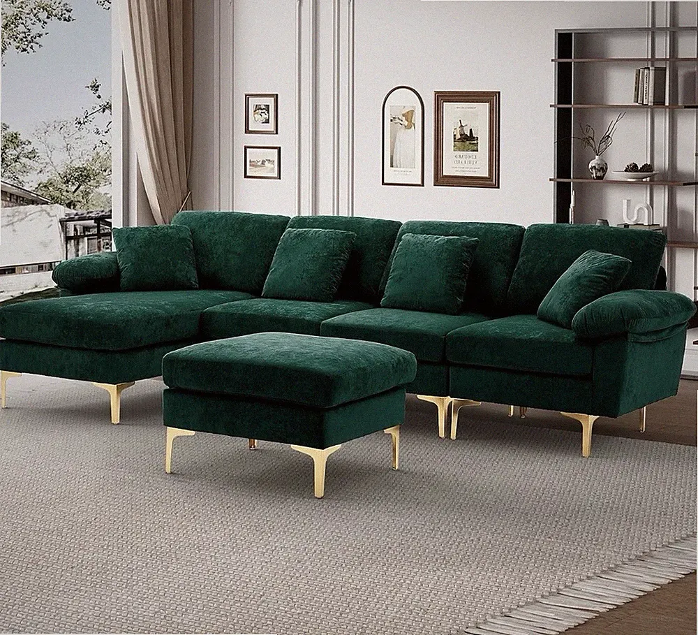 NEW!! Green Velvet Contemp Sectional Sofa w/ Ottoman, Gold Metal Legs, Cushions