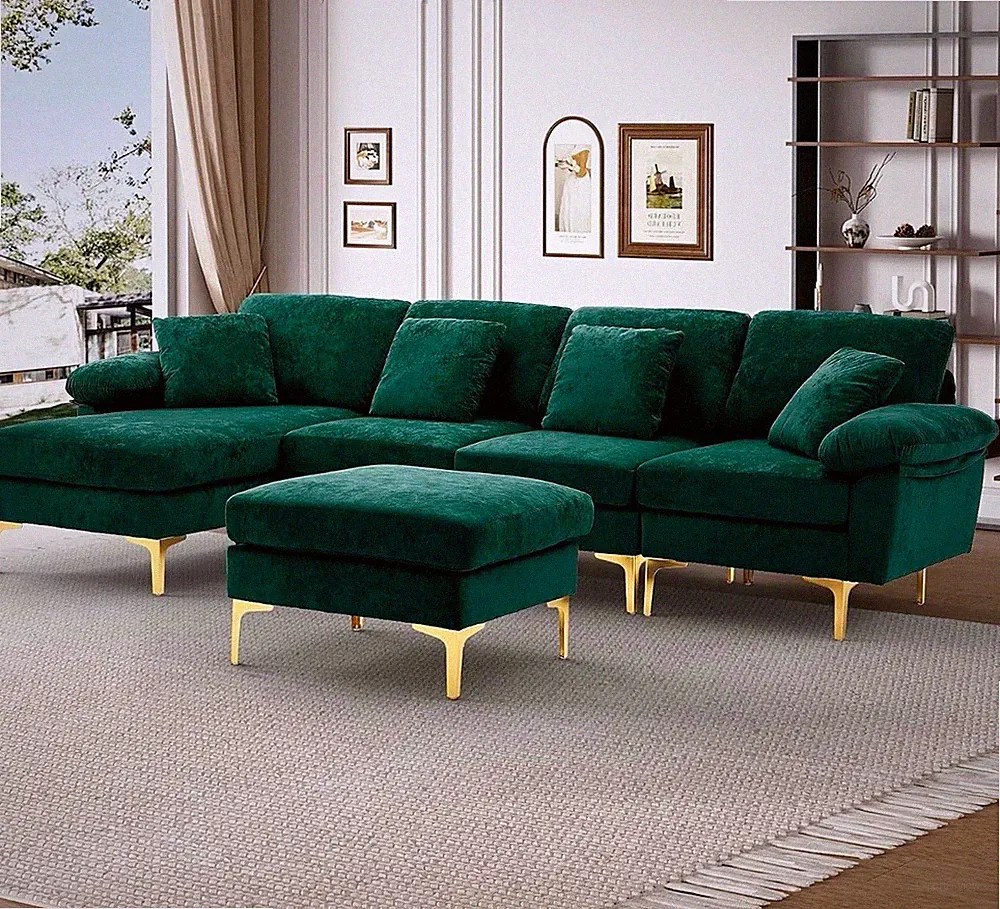 NEW Green Velvet L-Shaped Sectional Sofa Couch + Ottoman Gold Legs