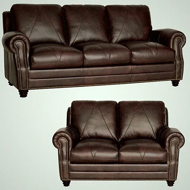 New Italian Leather Living "Sienna" Chocolate Brown with Studs Sofa and Love