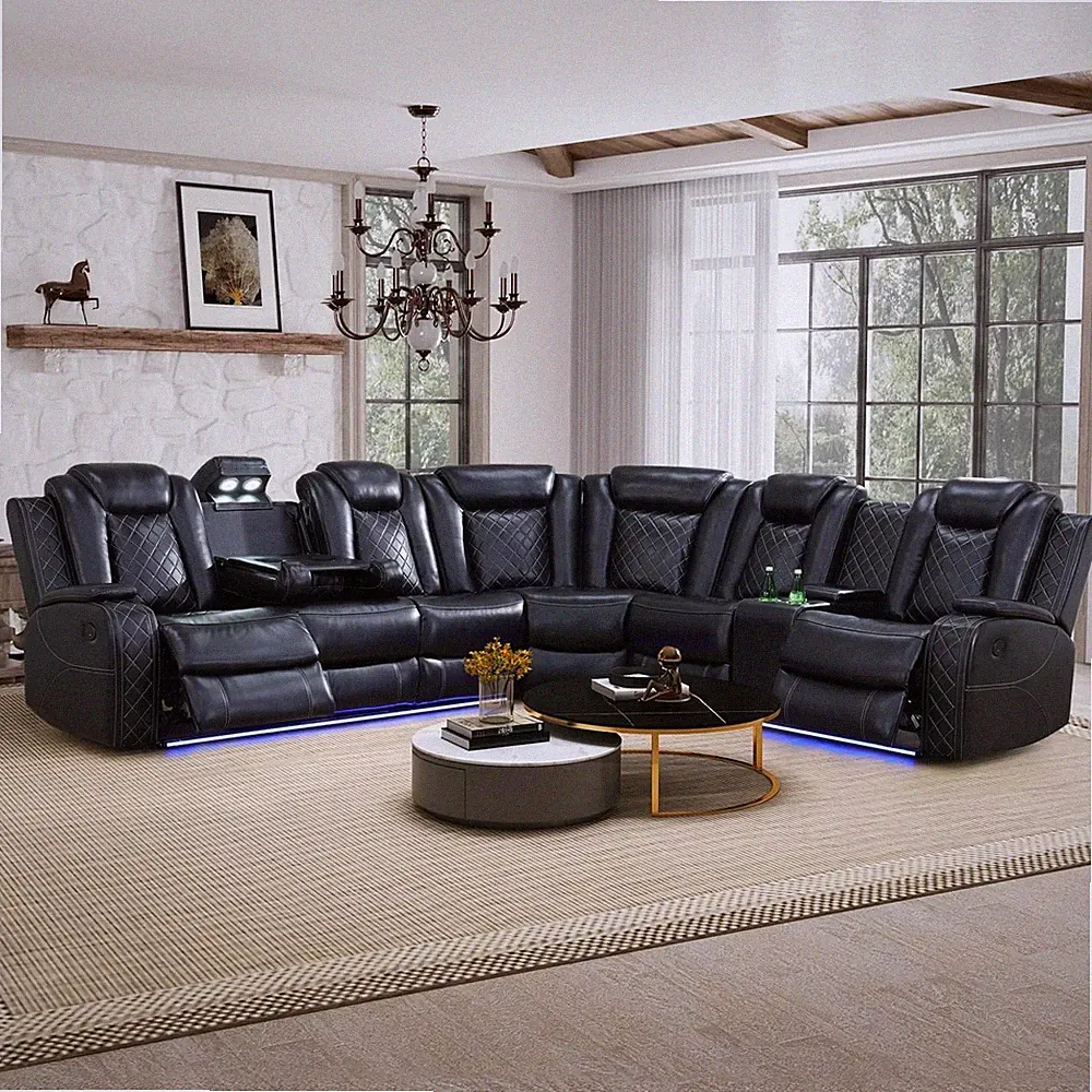 NEW LED 125" Wide Power Recliner Sectional Black Living Room Set Wireless Charge