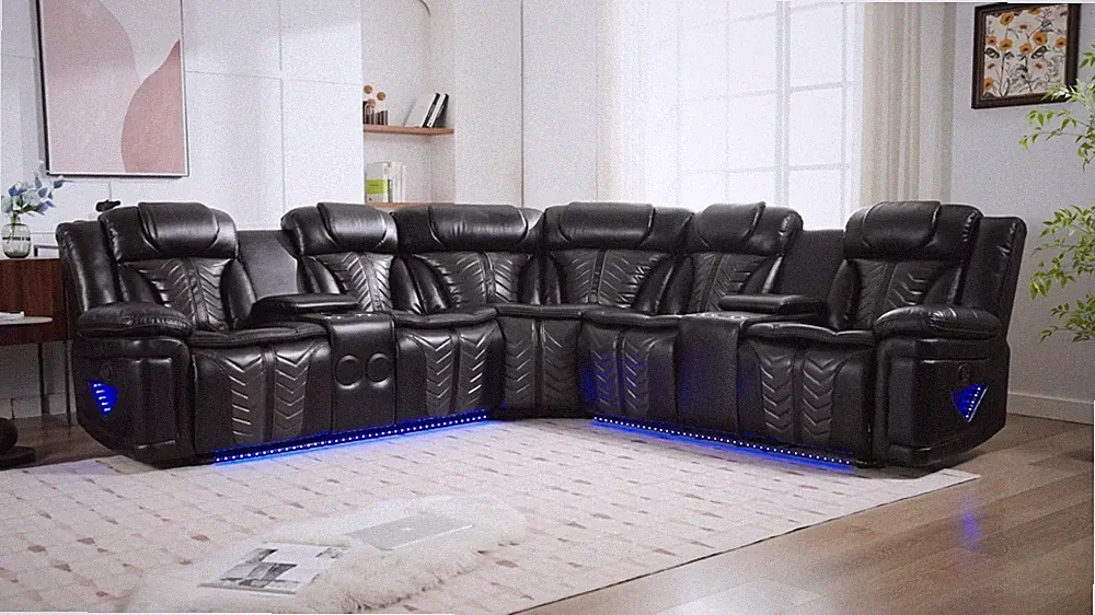 NEW LED 2-Recliner Sectional Set Black Leather Bluetooth Speaker & USB Charging