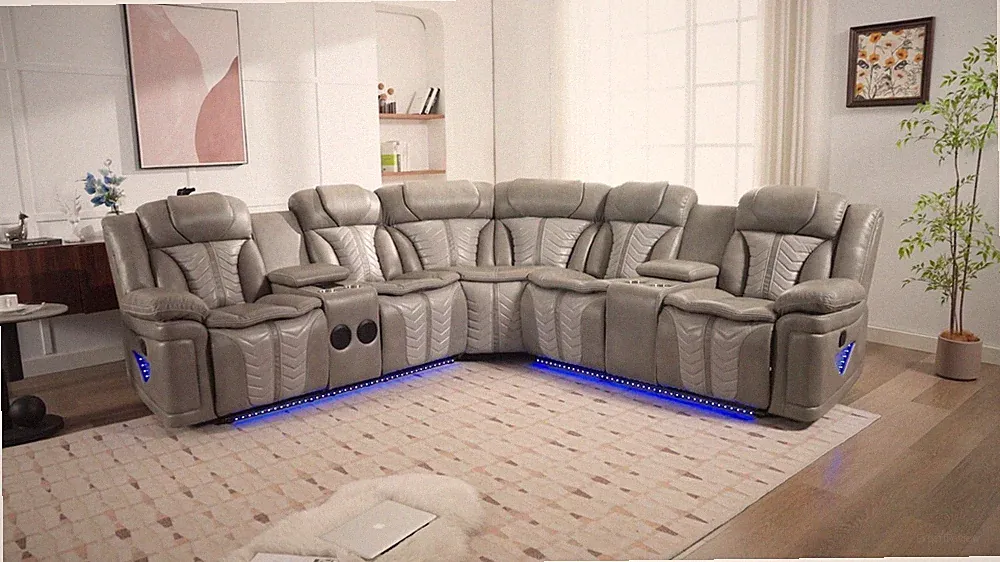 NEW LED 2-Recliner Sectional Set Gray Leather Bluetooth Speaker & USB Charging