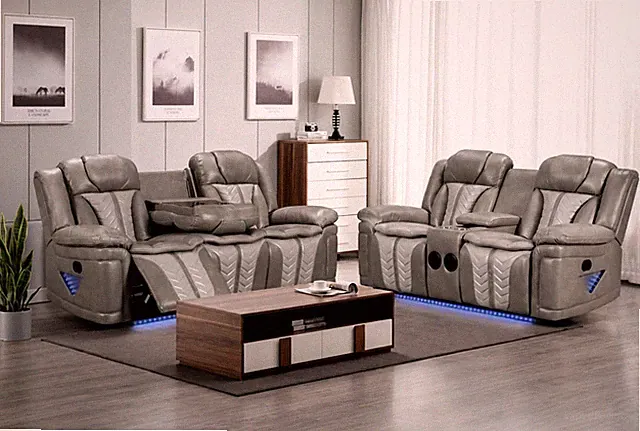 NEW LED 2PC Gray Leather Sofa & Loveseat Recliner Set w/ Bluetooth Speaker