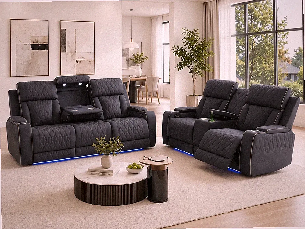 NEW LED 2PC Power Recliner Sofa Loveseat Set Blueish Gray Living Room USB Charge