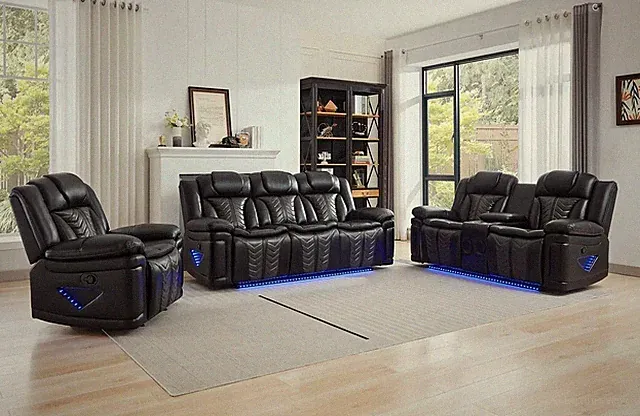 NEW LED 3PC Black Leather Sofa Recliner Set Bluetooth Speaker & USB Charging