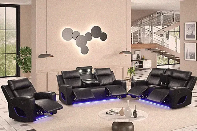 NEW LED 3PC Modern Sofa Recliner Set Black w/ Reading Lights & Bluetooth Speaker