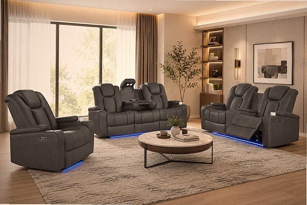 NEW LED 3PC Performance Fabric Power Recliner Sofa Set Gray USB & Reading Lights