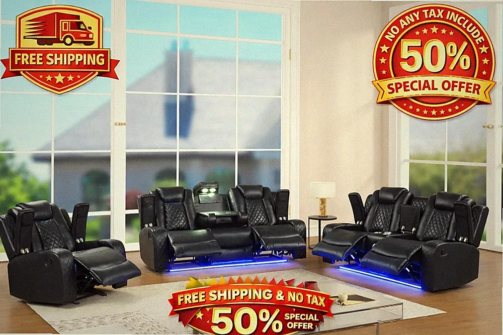 NEW LED 3PC Sofa 5-Recliner Set Bluetooth Speaker Black Leather Gel Living Room