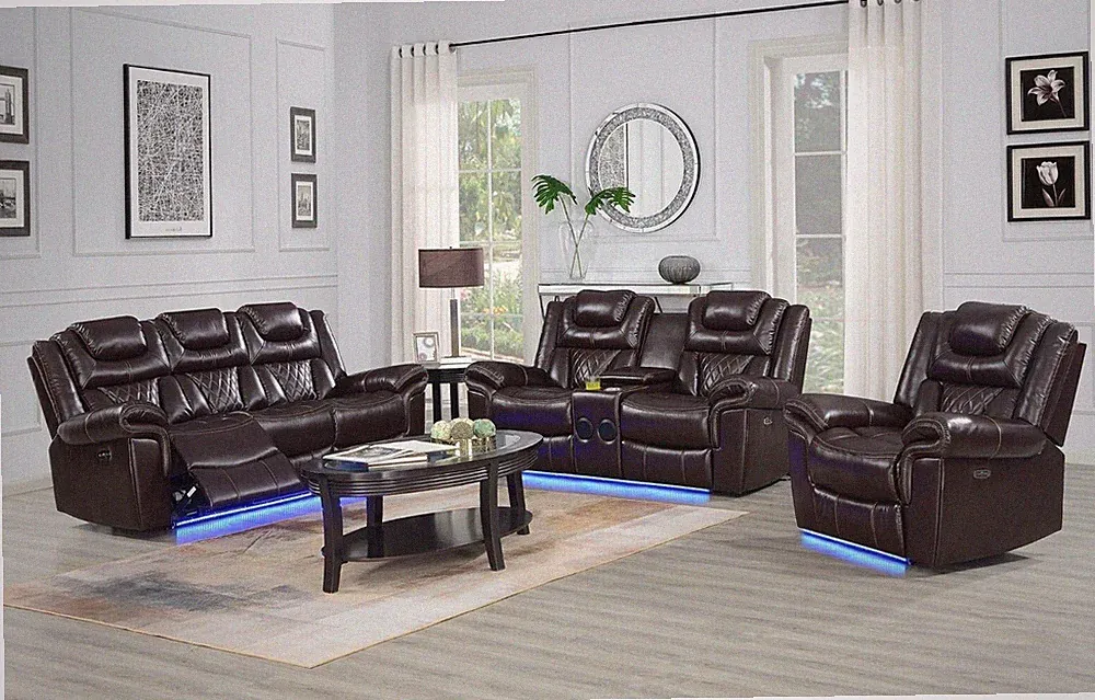 NEW LED 3PC Sofa Power Recliner Set Brown Leather Bluetooth Speaker & USB Ports