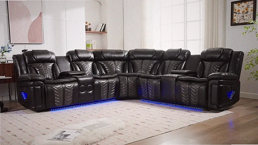 NEW LED Black Leather 2-Recliner Sectional Set Bluetooth Speaker & USB Charging