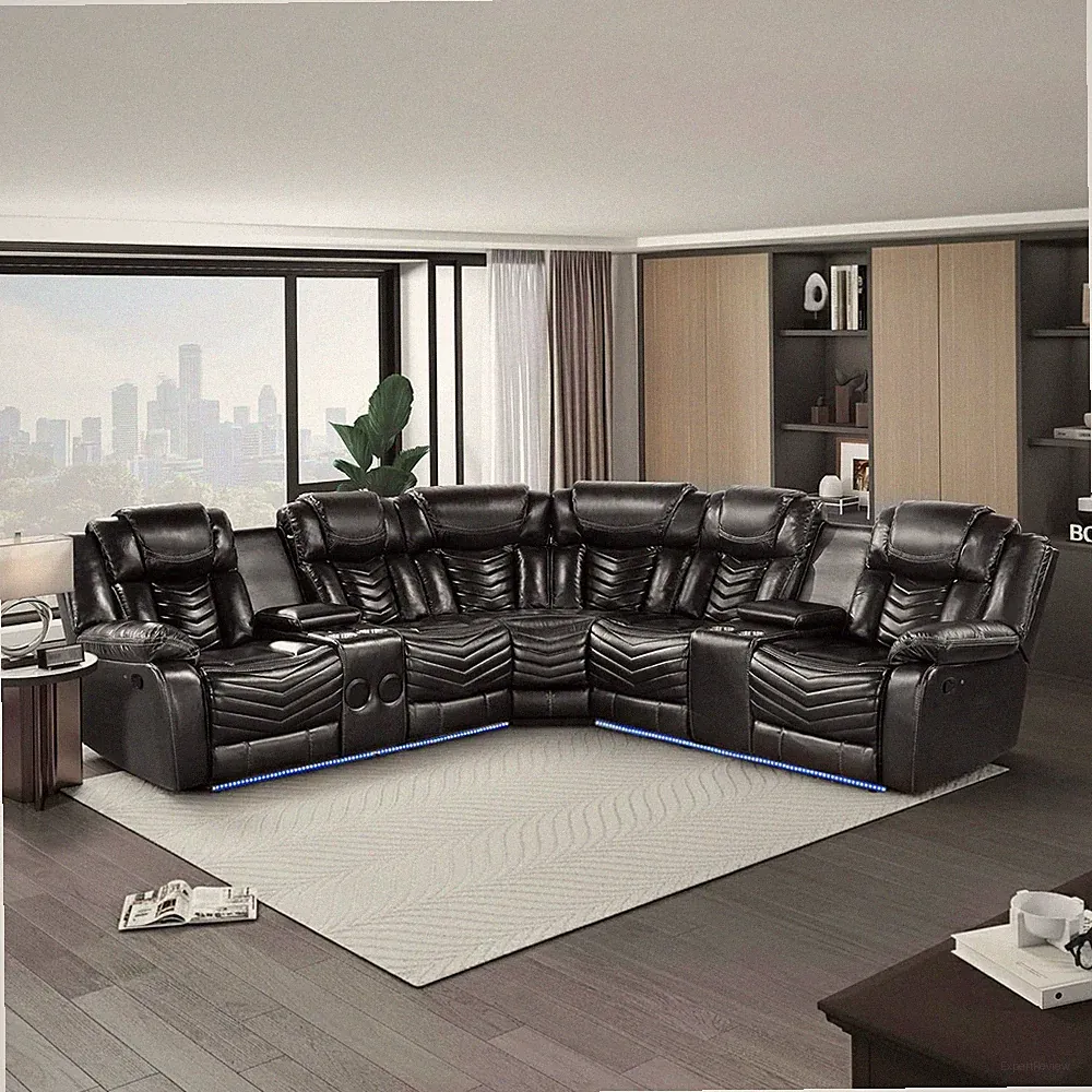 NEW LED Black Leather 2-Seater Recliner Sectional Bluetooth Speaker & Cupholders