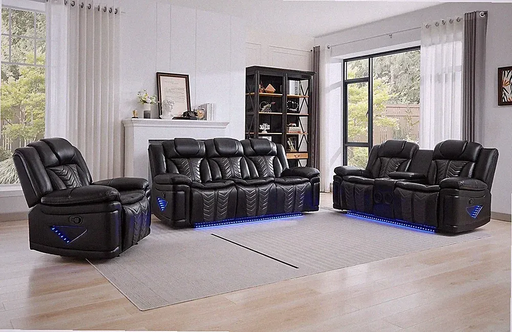 NEW LED Black Leather Sofa 3PC Recliner Set Bluetooth Speaker & USB Charging