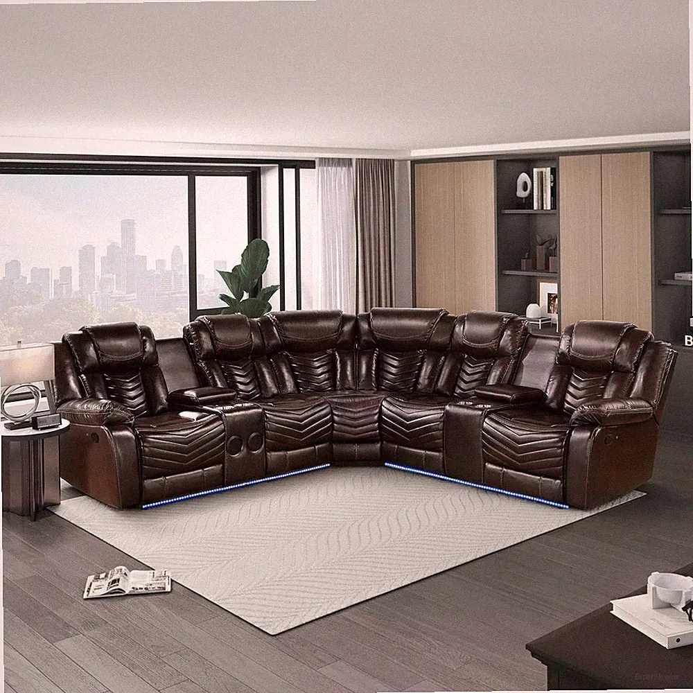 NEW LED Brown Leather 2-Seater Recliner Sectional Bluetooth Speaker & Cupholders