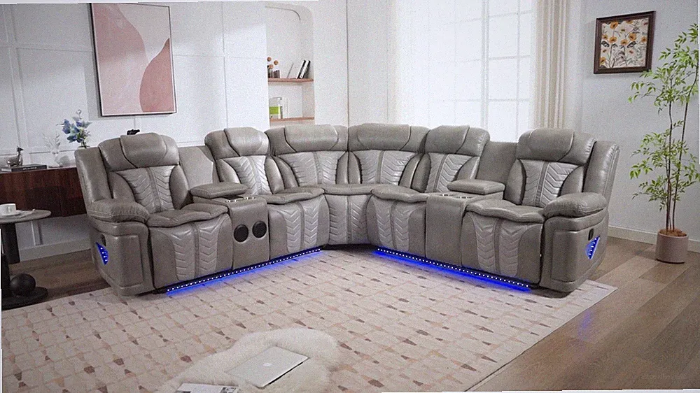 NEW LED Gray Leather 2-Recliner Sectional Set Bluetooth Speaker & USB Charging