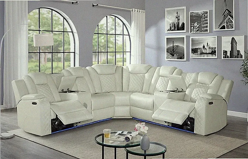 NEW LED Power Recline Sand Leather Sectional Wireless Charge Bluetooth Speaker