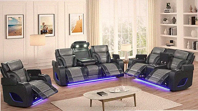 NEW LED Power Recliner 3PC Sofa Loveseat Chair Black Set Bluetooth Speaker & USB