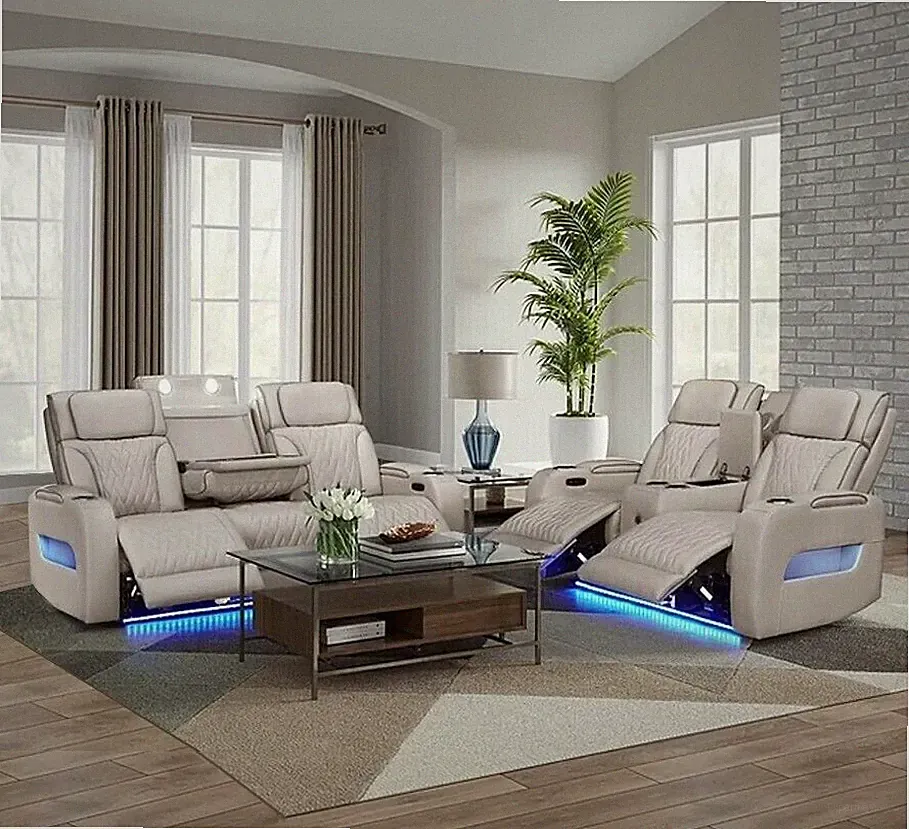NEW LED Power Recliner & Adj Headrest 2PC Sofa Set Beige Gray Bluetooth Speaker