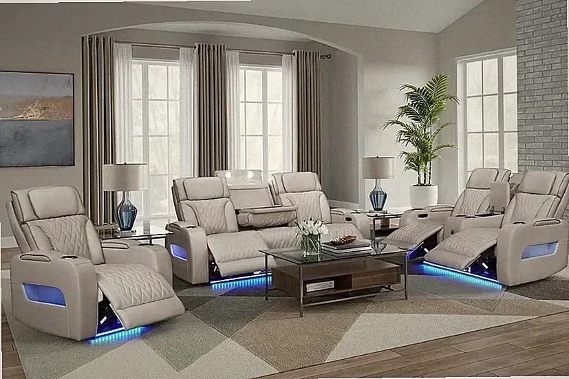 NEW LED Power Recliner & Adj Headrest 3PC Sofa Set Beige Gray Bluetooth Speaker