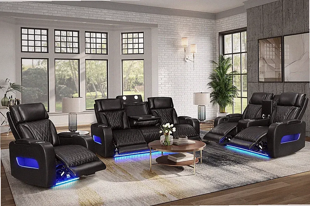 NEW LED Power Recliner & Adj Headrest 3PC Sofa Set Black Bluetooth Speaker