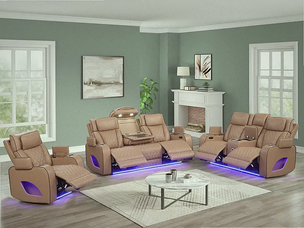 NEW LED Power Recliner & Adj Headrest 3PC Sofa Set Saddle Light Brown BT Speaker