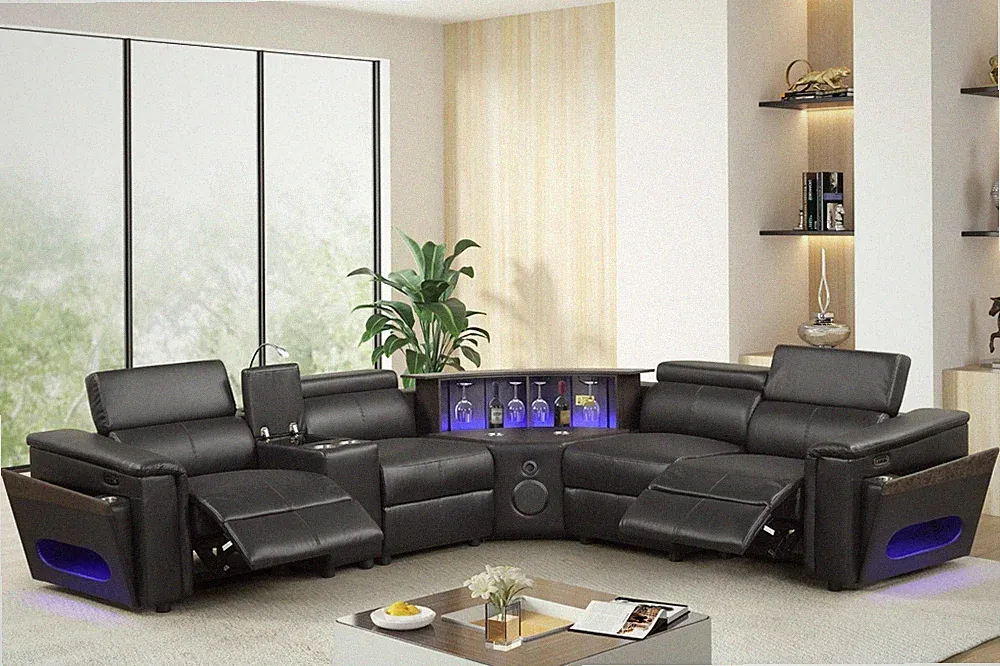 NEW LED Power Reclining Sectional w/ Lift Bar BT Speaker & Adj Headrests - Black