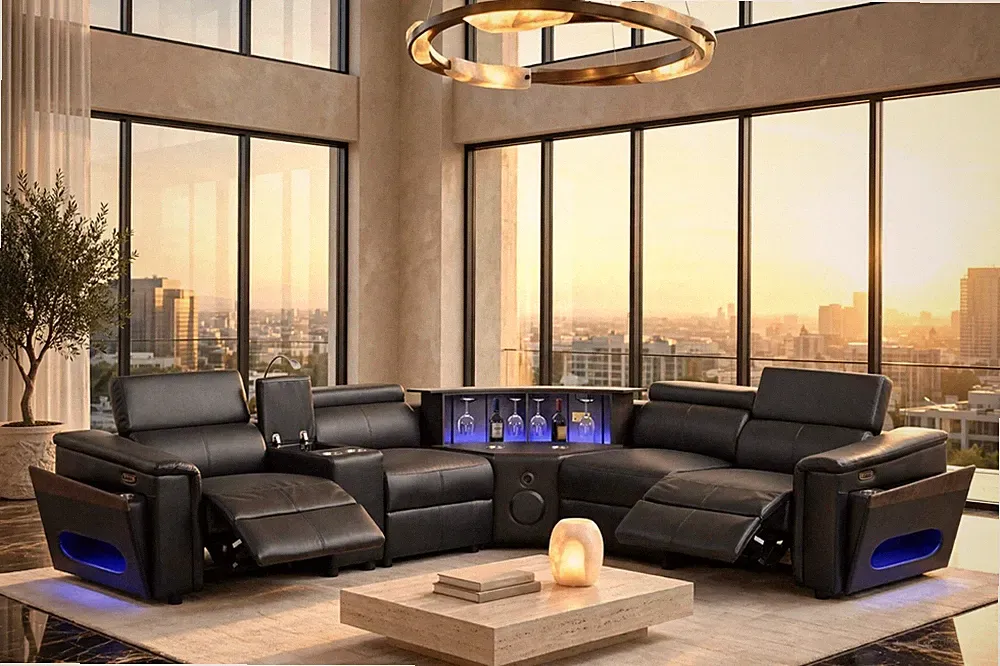 NEW LED Power Reclining Sectional w/ Lift Bar BT Speaker & Adj Headrests - Black