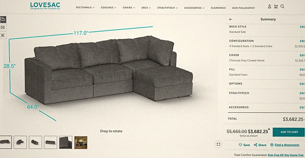 NEW Lovesac Sactionals 4 Seats 5 Sides Sectional Charcoal Grey Corded Velvet