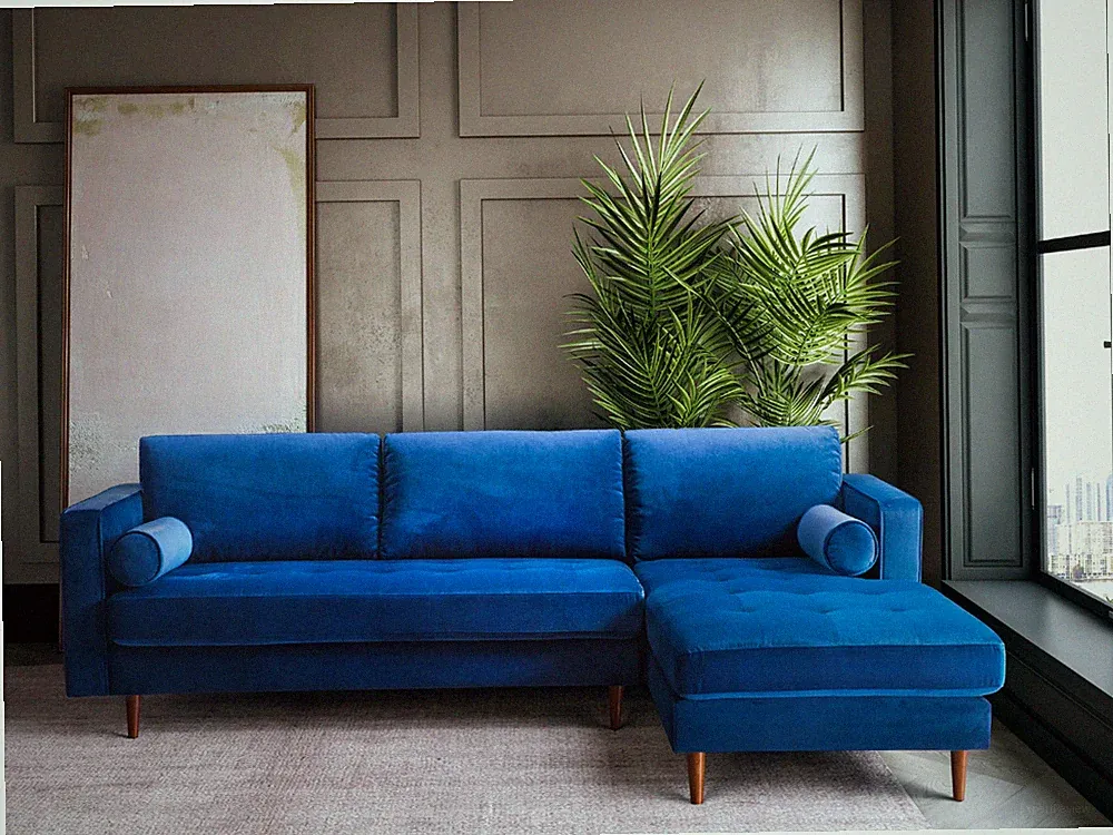NEW Mid-Century 100" Wide Navy Blue Velvet Sectional Modern Contemporary Living