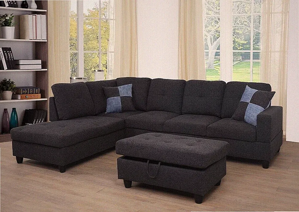 NEW Modern Black Gray Linen Sectional w/ Storage Ottoman & 2 Accent Pillows