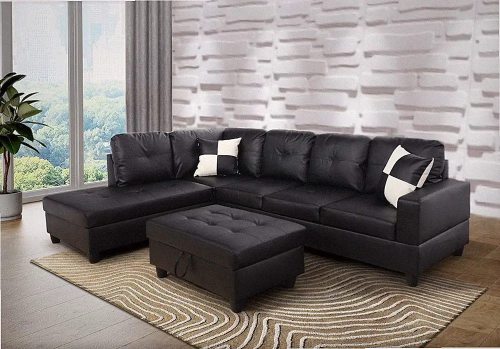 NEW Modern Black Sectional w/ Faux Leather Storage Ottoman & 2 Accent Pillows