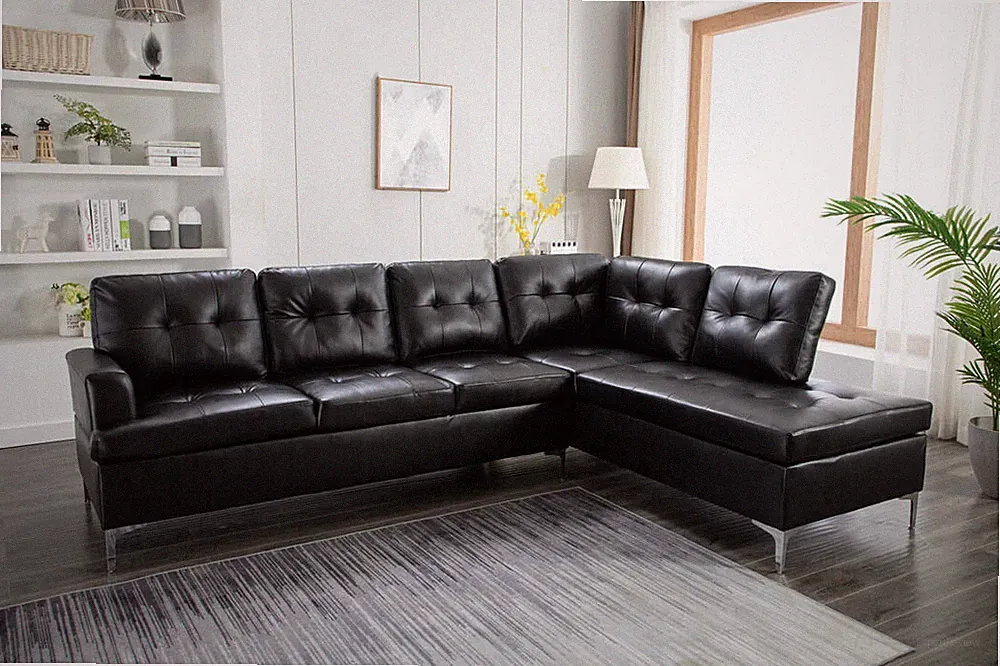 NEW Modern Black Sectional with Metal Legs Faux Leather Contemporary Living Room