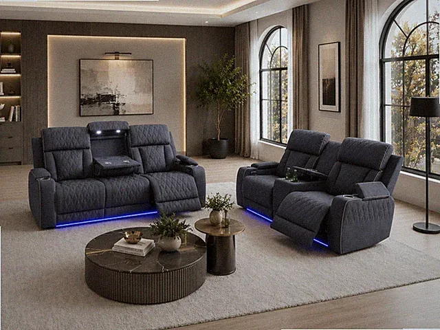 NEW Modern Blue Gray LED Power Recliner 2PC Sofa Loveseat Set Wireless Charging