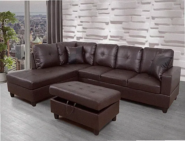 NEW Modern Brown Sectional w/ Faux Leather Storage Ottoman & 2 Accent Pillows
