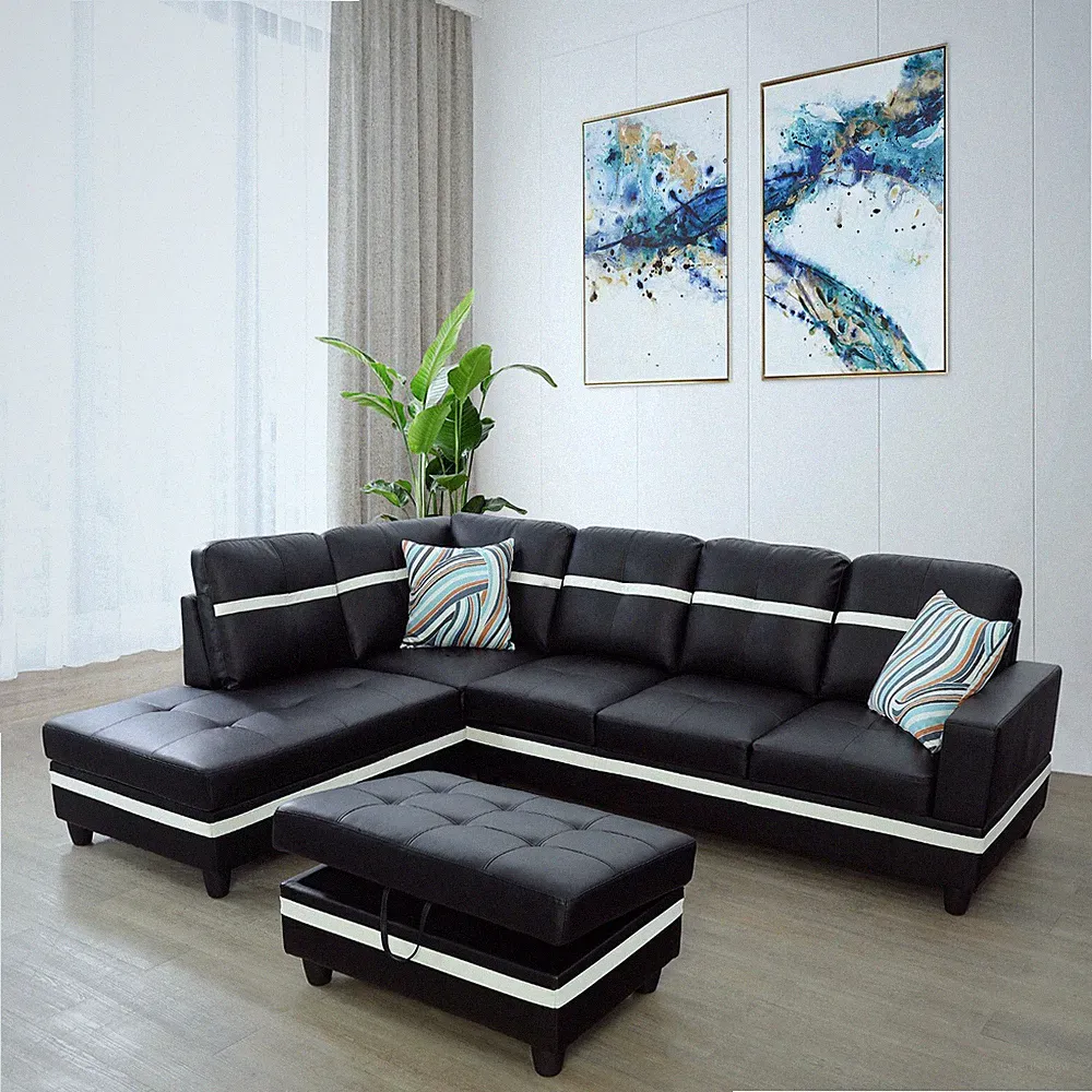 NEW Modern Contemporary Black Sectional with Storage Ottoman & 2 Pillows