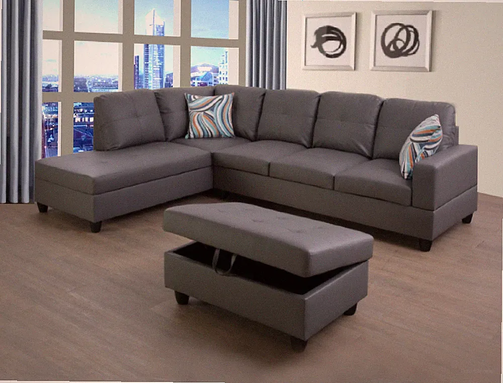 NEW Modern Contemporary Gray Sectional with Storage Ottoman & 2 Pillows