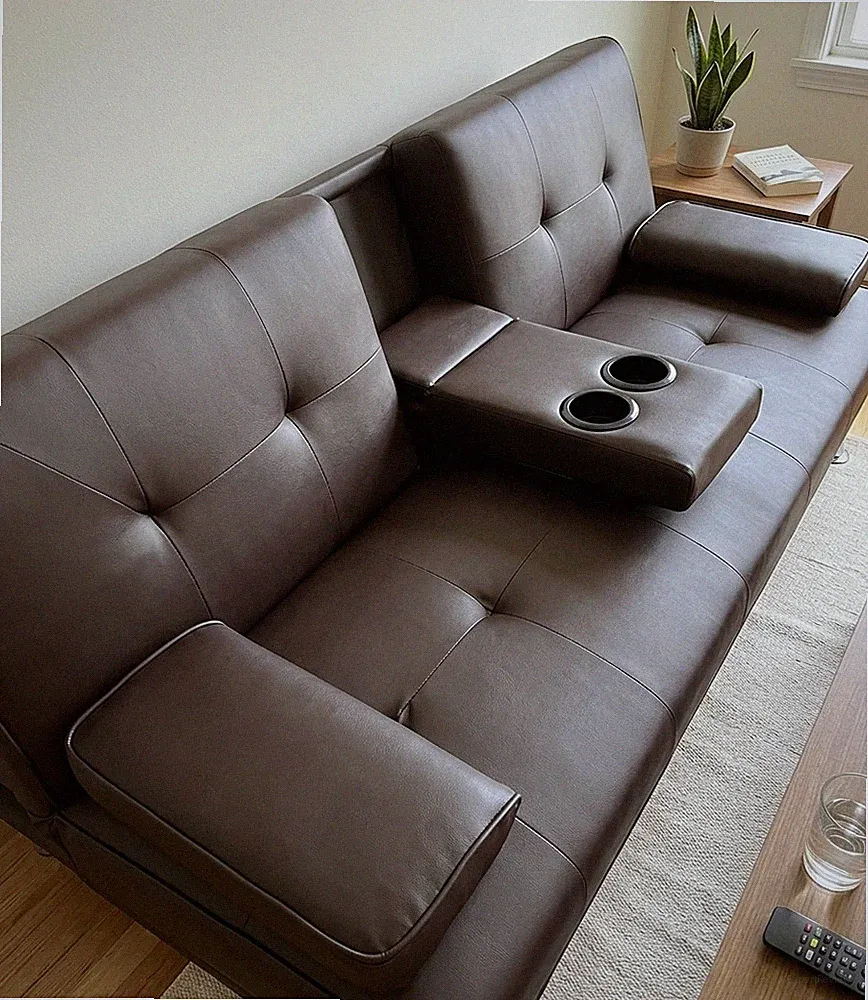 NEW Modern Faux Leather Futon Sofa Bed, Convertible Couch w Cup Holders espresso