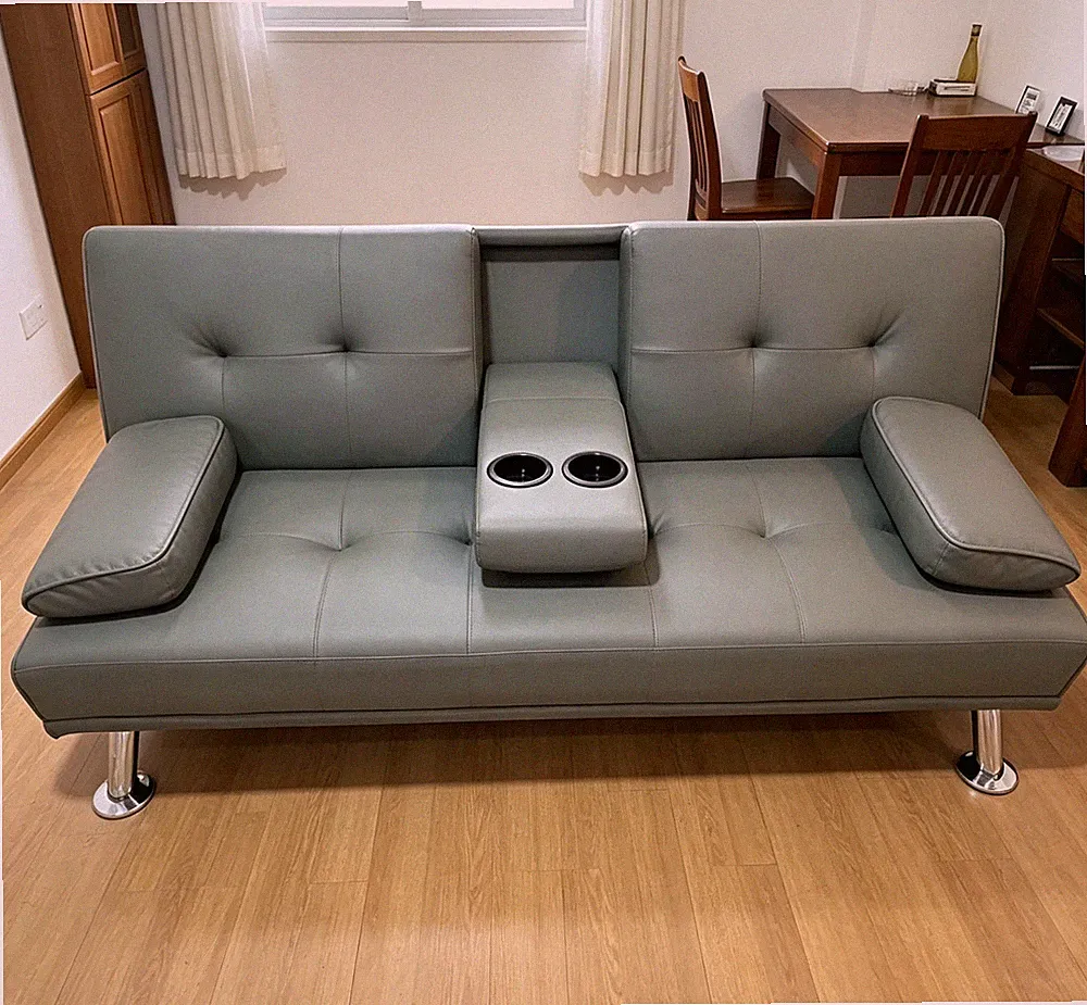 NEW Modern Faux Leather Futon Sofa Bed, Convertible Couch w Cup Holders gray