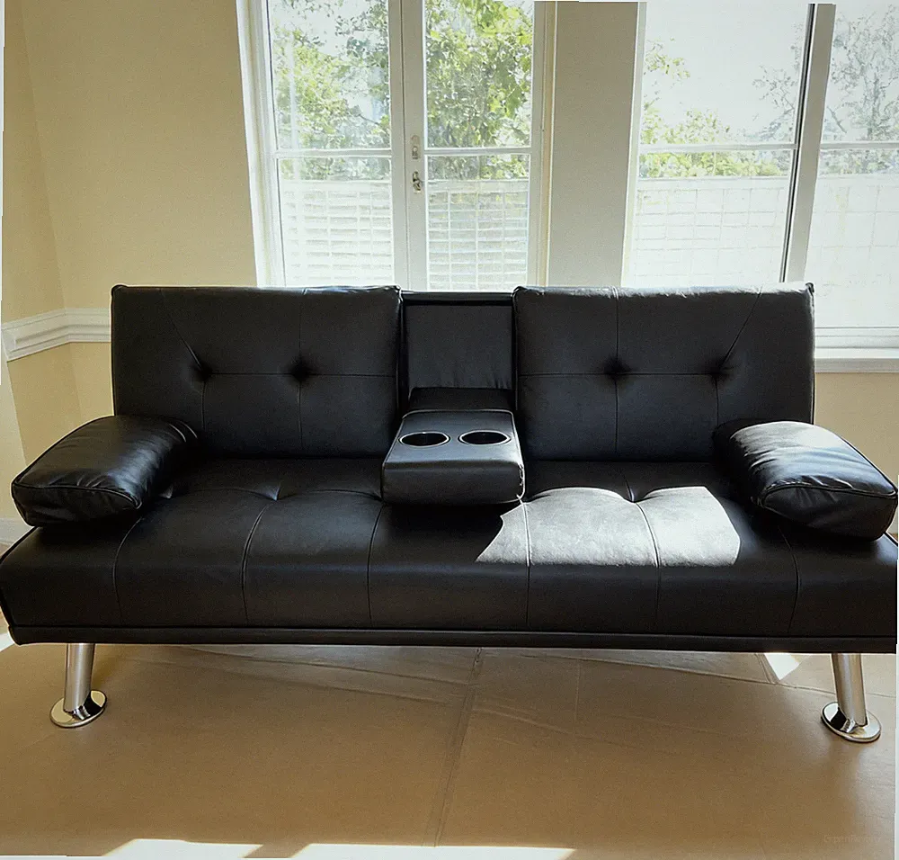 NEW Modern Faux Leather Futon Sofa Bed, Convertible Couch with Cup Holders Black
