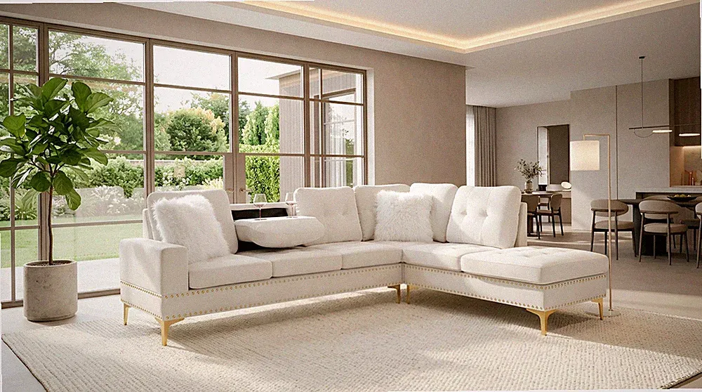 NEW Modern Glam Beige Velvet Sectional Chaise w/ Cupholders, Gold Legs, Pillows