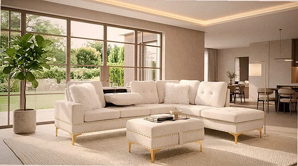 NEW Modern Glam Beige Velvet Sectional w/ Cupholders & FREE STORAGE OTTOMAN