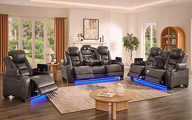 NEW Modern Gray LED Power Recliner & Adj Headrest 3PC Sofa Set Bluetooth Speaker