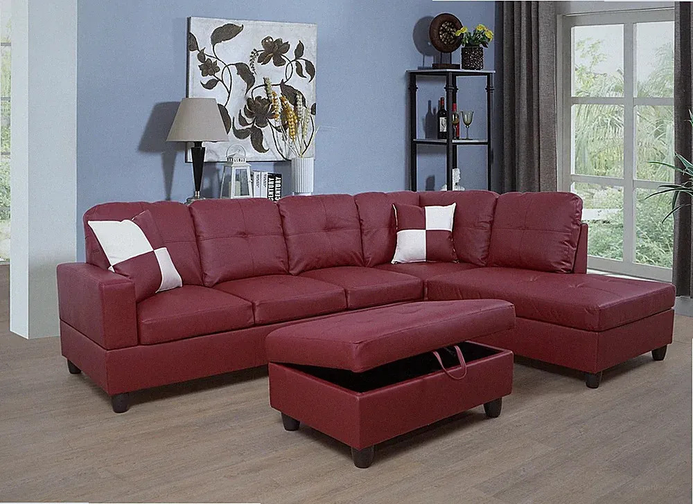 NEW Modern Red Sectional w/ Faux Leather Storage Ottoman & 2 Accent Pillows